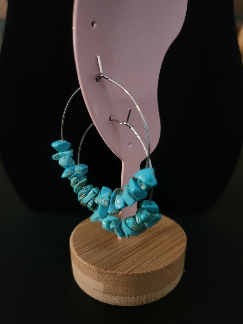 Turquoise Hoop Earrings Tumbled Chip Style Gemstones On Silver Tone Hoops